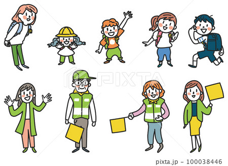 元気な小学生たちとそれを見守る手に交通旗を持った交通指導員と先生　セット　イラスト素材			 100038446