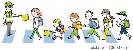 交通指導ボランティア見守りの元、元気に登下校する小学生たち　イラスト素材										 100038456