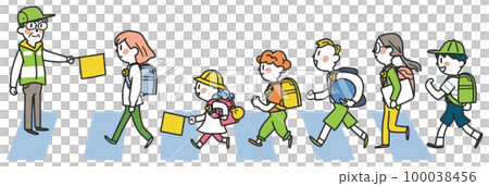 交通指導ボランティア見守りの元、元気に登下校する小学生たち　イラスト素材										 100038456