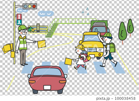 Elementary school students energetically commuting to and from school under the watchful eye of traffic guidance volunteers Illustration material Elementary school students energetically commuting to and from school under the watchful eye of traffic guidance volunteers Illustration material 100038458