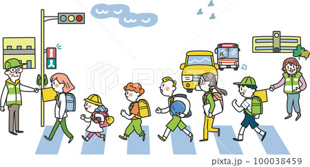 交通指導ボランティア見守りの元、元気に登下校する小学生たち イラスト素材 交通指導ボランティア見守りの元、元気に登下校する小学生たち イラスト素材 100038459