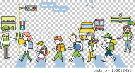 交通指導ボランティア見守りの元、元気に登下校する小学生たち イラスト素材 交通指導ボランティア見守りの元、元気に登下校する小学生たち イラスト素材 100038459