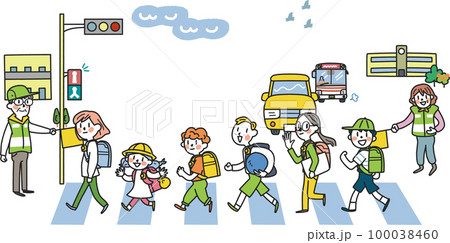 交通指導ボランティア見守りの元、元気に登下校する小学生たち　イラスト素材										 100038460