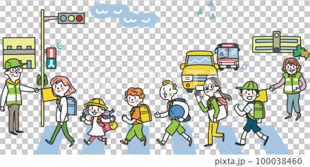 交通指導ボランティア見守りの元、元気に登下校する小学生たち　イラスト素材										 100038460