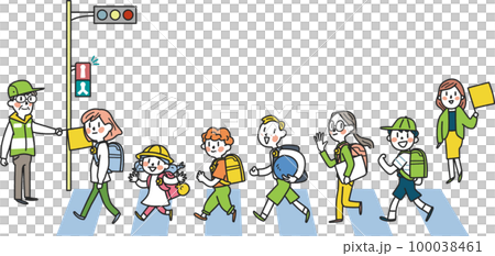 在交通引導志願者的注視下，小學生精力充沛地上下學插圖素材 100038461