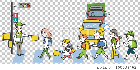 交通指導ボランティア見守りの元、元気に登下校する小学生たち　イラスト素材										 100038462