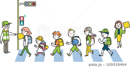 交通指導ボランティア見守りの元、元気に登下校する小学生たち　イラスト素材										 100038464