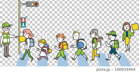在交通引導志願者的注視下，小學生精力充沛地上下學插圖素材 100038464