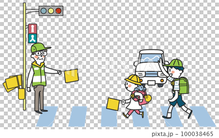 在交通引導志願者的注視下，小學生精力充沛地上下學插圖素材 100038465