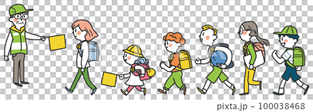 在交通引導志願者的注視下，小學生精力充沛地上下學插圖素材 100038468