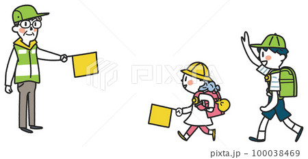 交通指導ボランティア見守りの元、元気に登下校する小学生たち　イラスト素材											 100038469