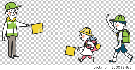 交通指導ボランティア見守りの元、元気に登下校する小学生たち　イラスト素材											 100038469