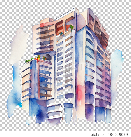 圖片素材：現代塔式公寓的水彩插圖 100039079