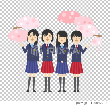 High school girls gathering together under the cherry blossoms High school girls gathering together under the cherry blossoms 100042202