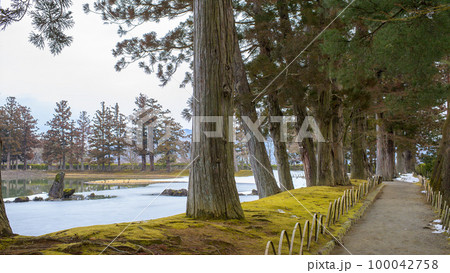 冬の毛越寺浄土庭園　大泉が池　岩手県 100042758