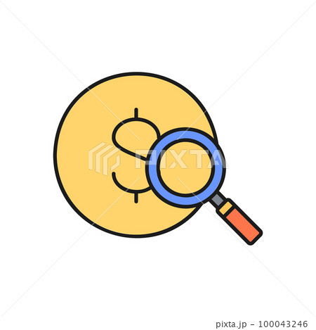 Magnifying glass with coin, money finder, money search, coin and loupe color lineal icon. Finance, payment, invest finance symbol design. 100043246
