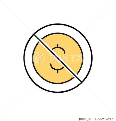 Coin with prohibition sign, no money, coin rejection color lineal icon. Finance, payment, invest finance symbol design. 100043247
