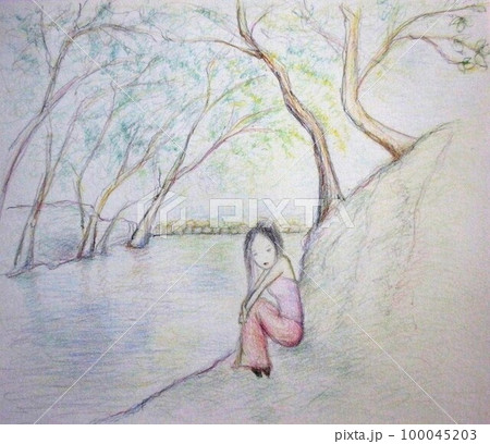 色鉛筆スケッチ画の森の中の女性のイラスト素材 [100045203] - PIXTA
