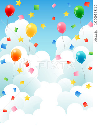風船と入道雲の紙吹雪背景タテ 100045319