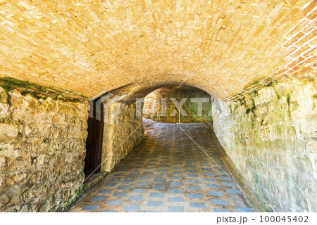 Building view of the Hobe Fort (Huwei Fort) in Tamsui District, New Taipei, Taiwan. The castle was built during the Qing Dynasty in China. 100045402
