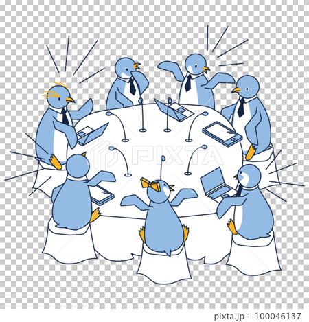 国際会議の様子を可愛いペンギンで表現したイラスト 100046137