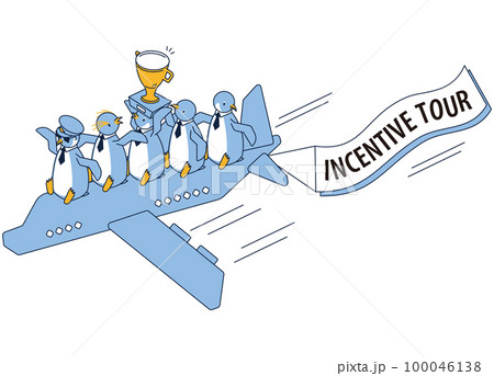飛行機に乗って報酬旅行に出かける可愛いペンギンのイラスト 100046138