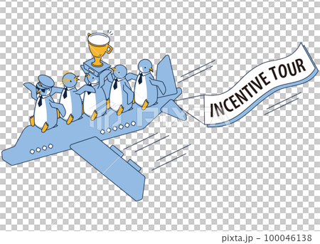 飛行機に乗って報酬旅行に出かける可愛いペンギンのイラスト 100046138