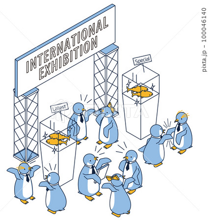 展示会で新商品を発表する可愛いペンギンのイラスト 100046140