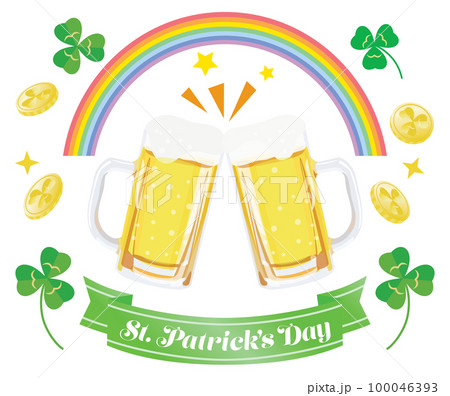 聖パトリックスデーのビールと虹とクローバーとコインのロゴ 聖パトリックスデーのビールと虹とクローバーとコインのロゴ 100046393