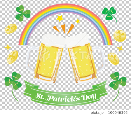 聖パトリックスデーのビールと虹とクローバーとコインのロゴ 聖パトリックスデーのビールと虹とクローバーとコインのロゴ 100046393