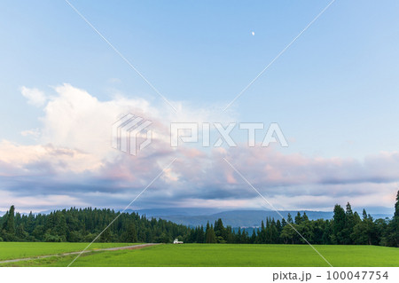 新潟県津南町　夏の魚沼産コシヒカリの田んぼと夕空と半月 100047754