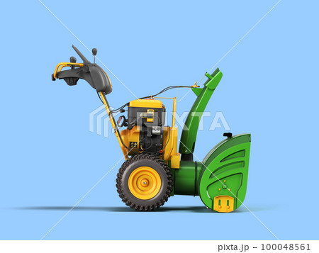 New walk behind tractor right view 3d render on blue background New walk behind tractor right view 3d render on blue background 100048561
