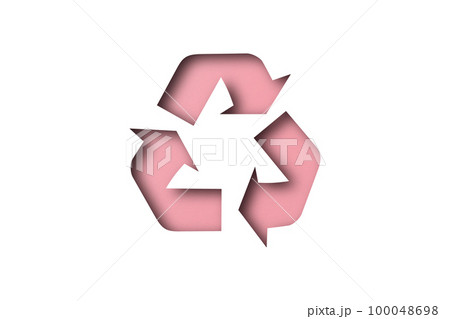 Pink paper punched into recycled shapes isolated on white background. 100048698