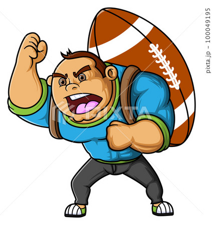 the cute man mascot carrying American football ball of illustration 100049195