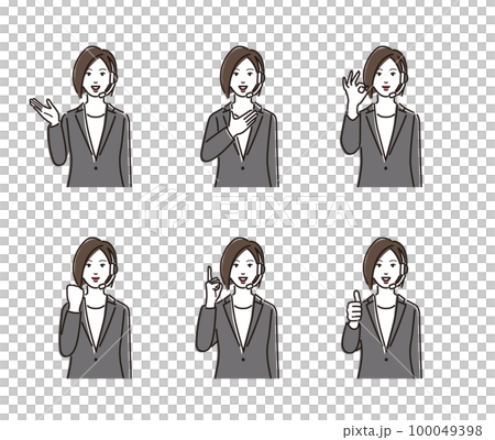 A set of common poses of a woman wearing a headset A set of common poses of a woman wearing a headset 100049398