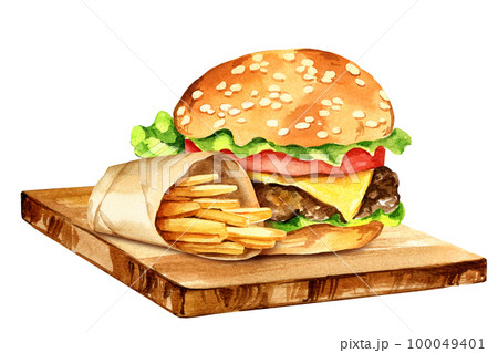 watercolour burger with meat, onion, tomatos, salad and fried potatoes on a cutting board watercolour burger with meat, onion, tomatos, salad and fried potatoes on a cutting board 100049401