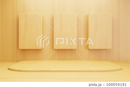 3d rendering of empty brown abstract wood minimal concept background. Scene for advertising, cosmetic ads, showcase, banner, cream, fashion, children, kids, nursery. Illustration. Product display 100050191