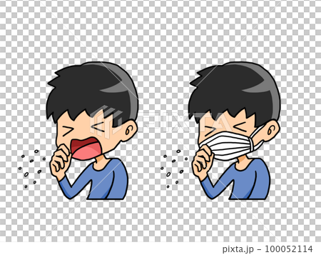 日本男子咳嗽或打噴嚏（戴或不戴口罩）的插圖 100052114