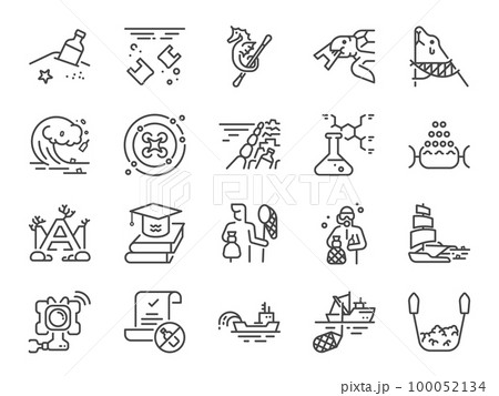 Ocean garbage cleanup icon set. It included icons such as trash, floating debris, dirty beach, debris trap, dredging, trawling, and more. Ocean garbage cleanup icon set. It included icons such as trash, floating debris, dirty beach, debris trap, dredging, trawling, and more. 100052134