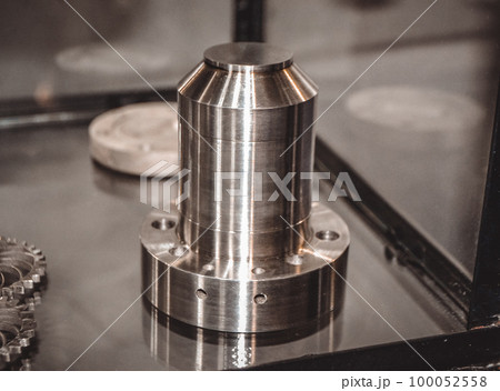 Object printed on metal 3d printer close-up. Object printed in laser sintering machine. Modern 3D printer printing from metal powder. Concept progressive additive DMLS, SLM, SLS 100052558