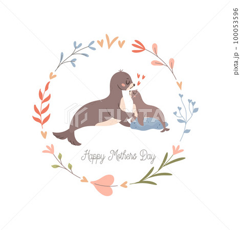 Mama Seal with baby. Happy Mothers day greeting Mama Seal with baby. Happy Mothers day greeting 100053596