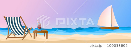 Wide banner. Summer evening sea background, sunset pink light, yacht in the sea and beach cocktail on the sand. Postcard, holiday season advertisement, beach holiday 100053602