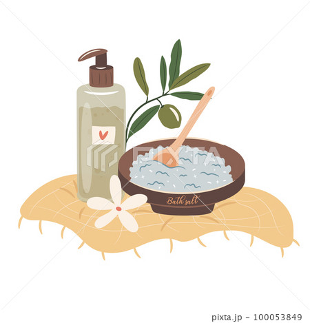 Bath sea salt and olive oil body gel. Spa relaxation concept 100053849