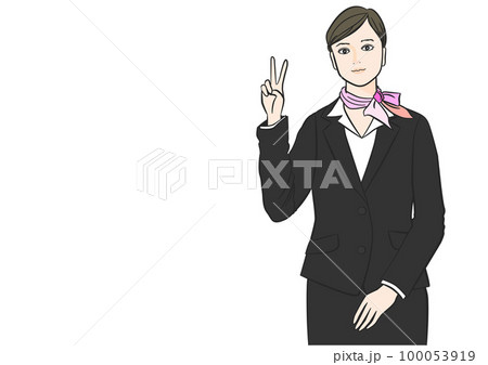 笑顔でVサインポーズをするスーツ姿の日本人ビジネスウーマン女性のイラスト 上半身正面 笑顔でVサインポーズをするスーツ姿の日本人ビジネスウーマン女性のイラスト 上半身正面 100053919