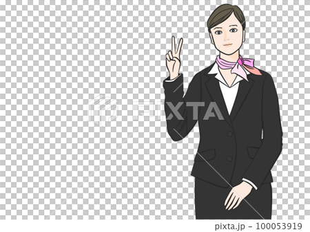 笑顔でVサインポーズをするスーツ姿の日本人ビジネスウーマン女性のイラスト 上半身正面 笑顔でVサインポーズをするスーツ姿の日本人ビジネスウーマン女性のイラスト 上半身正面 100053919
