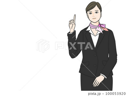 指差しポーズ 指差し確認をするスーツ姿のビジネスウーマン女性のイラスト 上半身正面 指差しポーズ 指差し確認をするスーツ姿のビジネスウーマン女性のイラスト 上半身正面 100053920