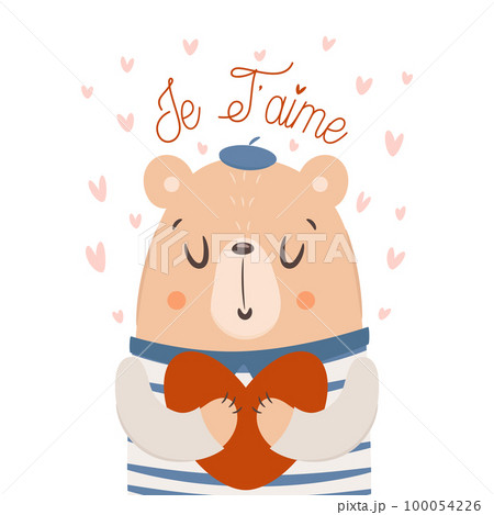 Je T'aime. Cute bear holding big heart. Valentine's day  100054226