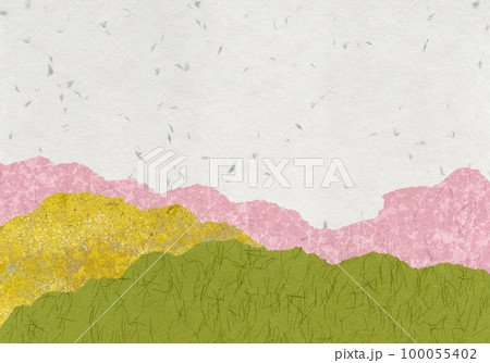 野原・蒲公英・桜・霞の景色を重ねた継ぎ紙、春色のデザイン和紙 100055402