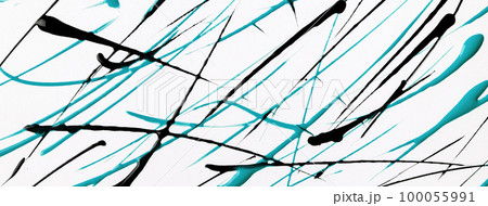 Thin turquoise and black lines and splashes drawn on white background. Abstract art backdrop 100055991