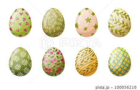 Cartoon Easter eggs. Painted spring holiday eggs, traditional egg hunt chocolate egg flat vector illustration set 100056210